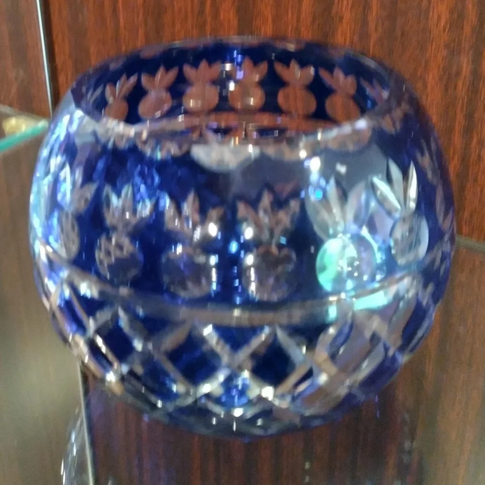 Crystal with Cobalt Blue Overlay and Clear Cut Decor Candle Holder Votive